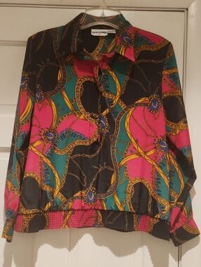 Vintage Alfred Dunner Black, Fuchsia Pink & Teal Chain-Print Button Down Shirt